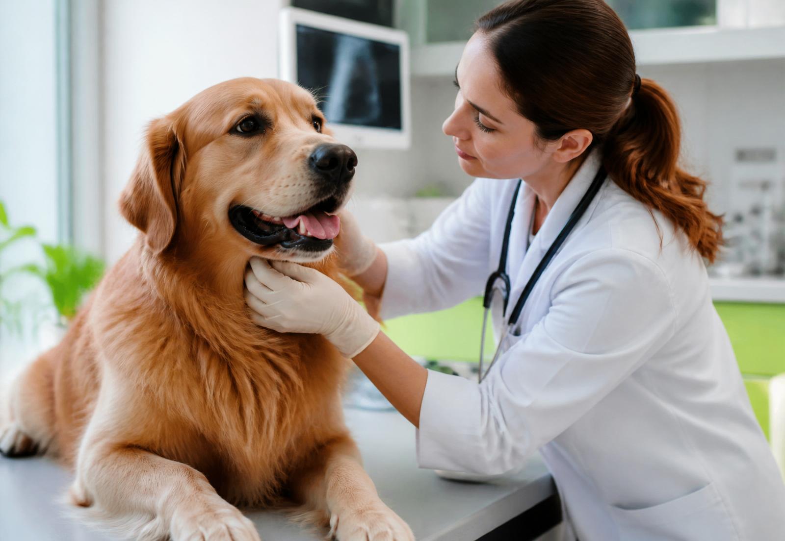 Veterinária examinando golden retriever